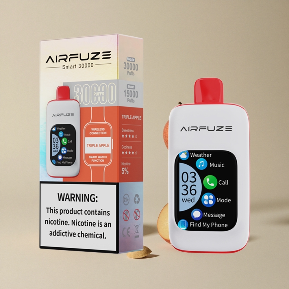AirFuze Smart 30000 Puffs Triple Apel vape wholesale Indonesia Ukuran 50x25x104.9mm Kapasitas Baterai 900mAh