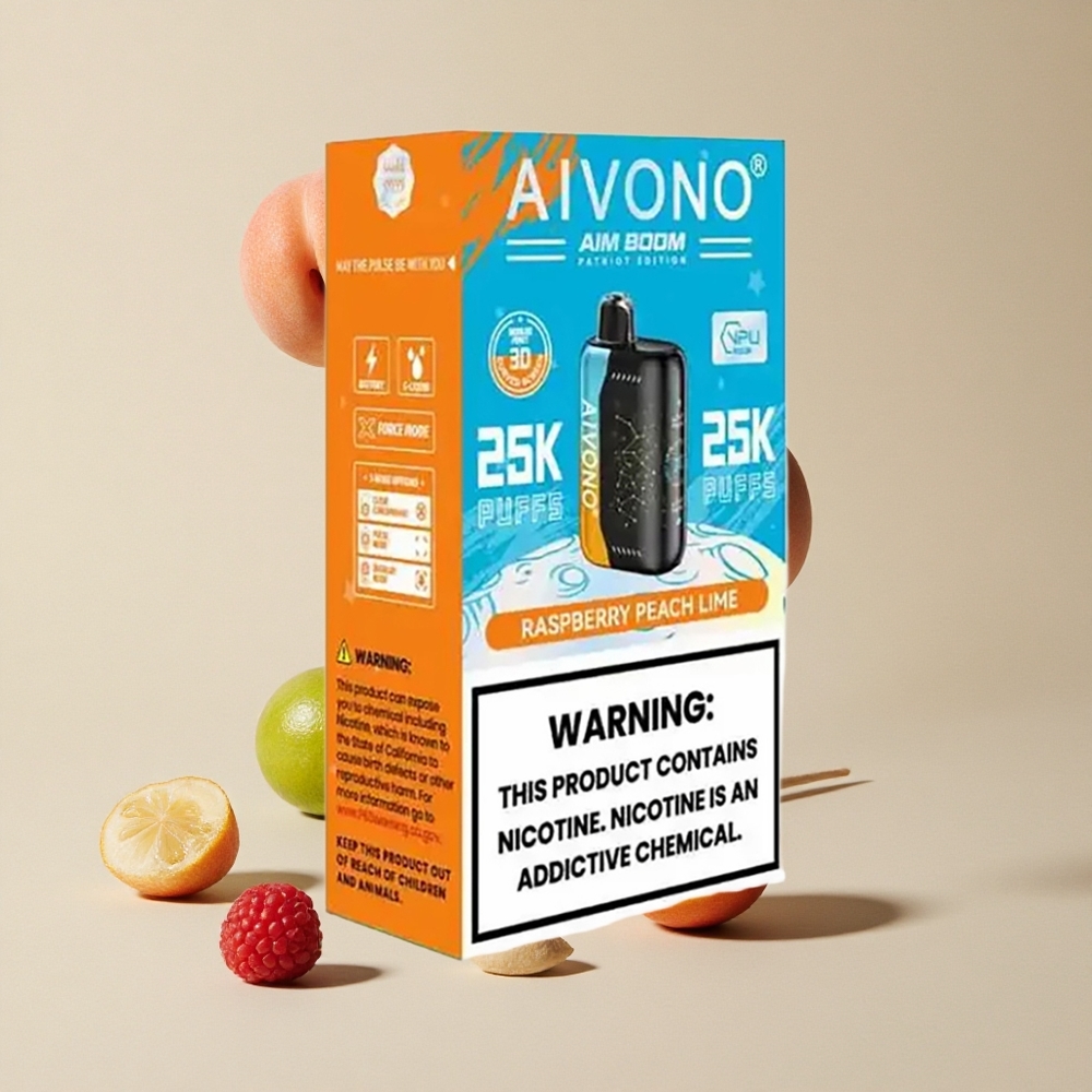 Aivono Aim Boom 25000 Puffs Raspberry Peach Lime vape wholesale Indonesia Kapasitas E-Liquid 28ml Tipe-C Charging