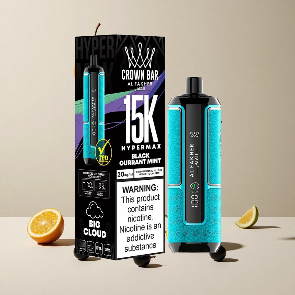 Al Fakher Crown Bar 15K Hypermax Blackcurrant Mint vape wholesale Indonesia Kapasitas 22ml 15.000 Hisap