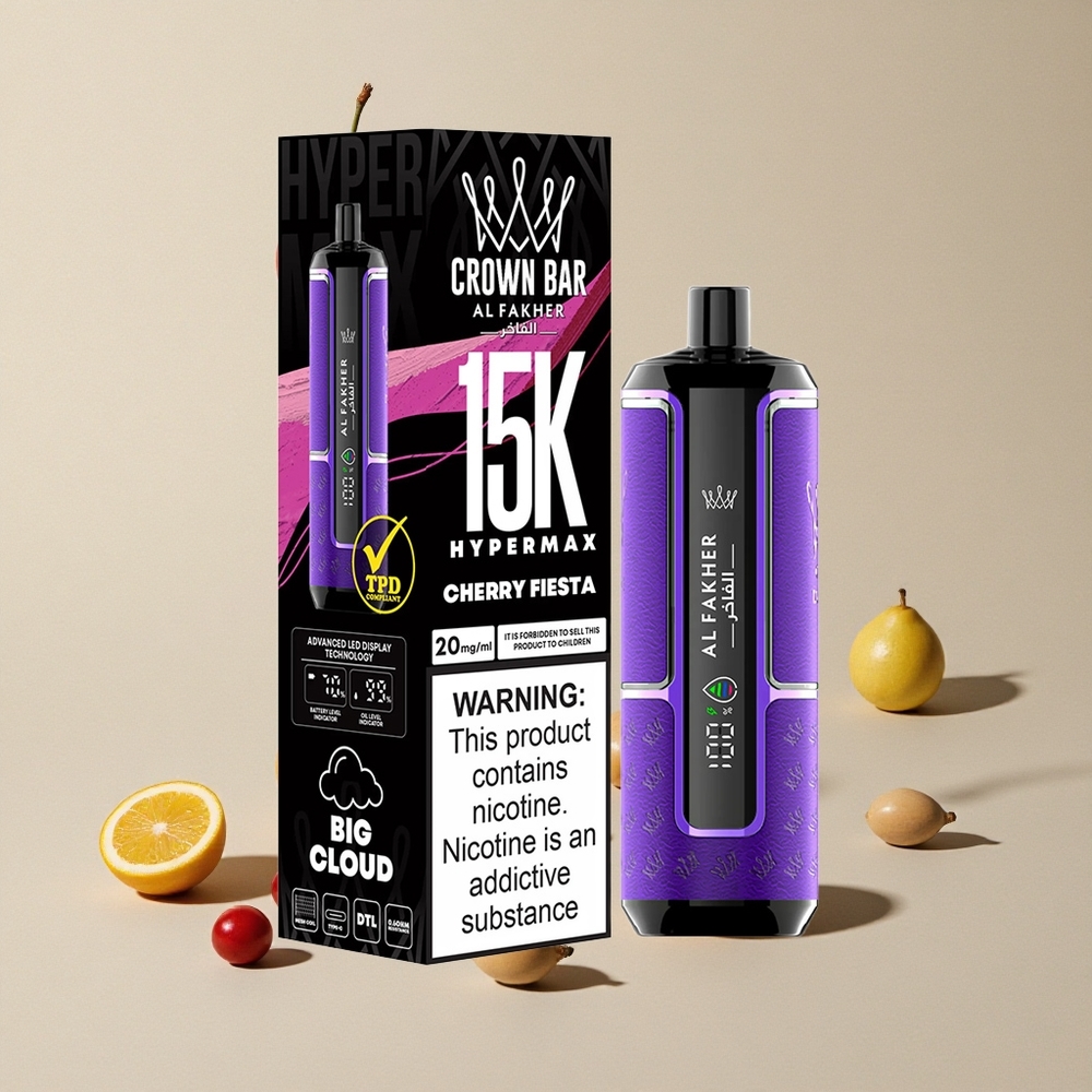Al Fakher Crown Bar 15K Hypermax Ceri Fiesta vape wholesale Indonesia Kapasitas Isi Ulang 22ml & 15.000 Hisapan