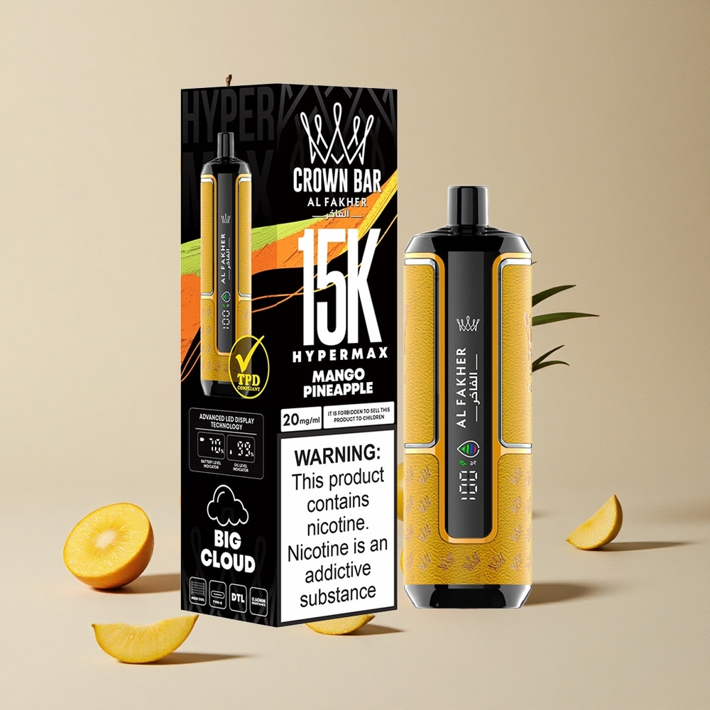 Al Fakher Crown Bar 15K Mangga Nanas vape wholesale Indonesia Kapasitas Isi Ulang: 22ml Daya Tahan Hingga 15.000 Hisapan