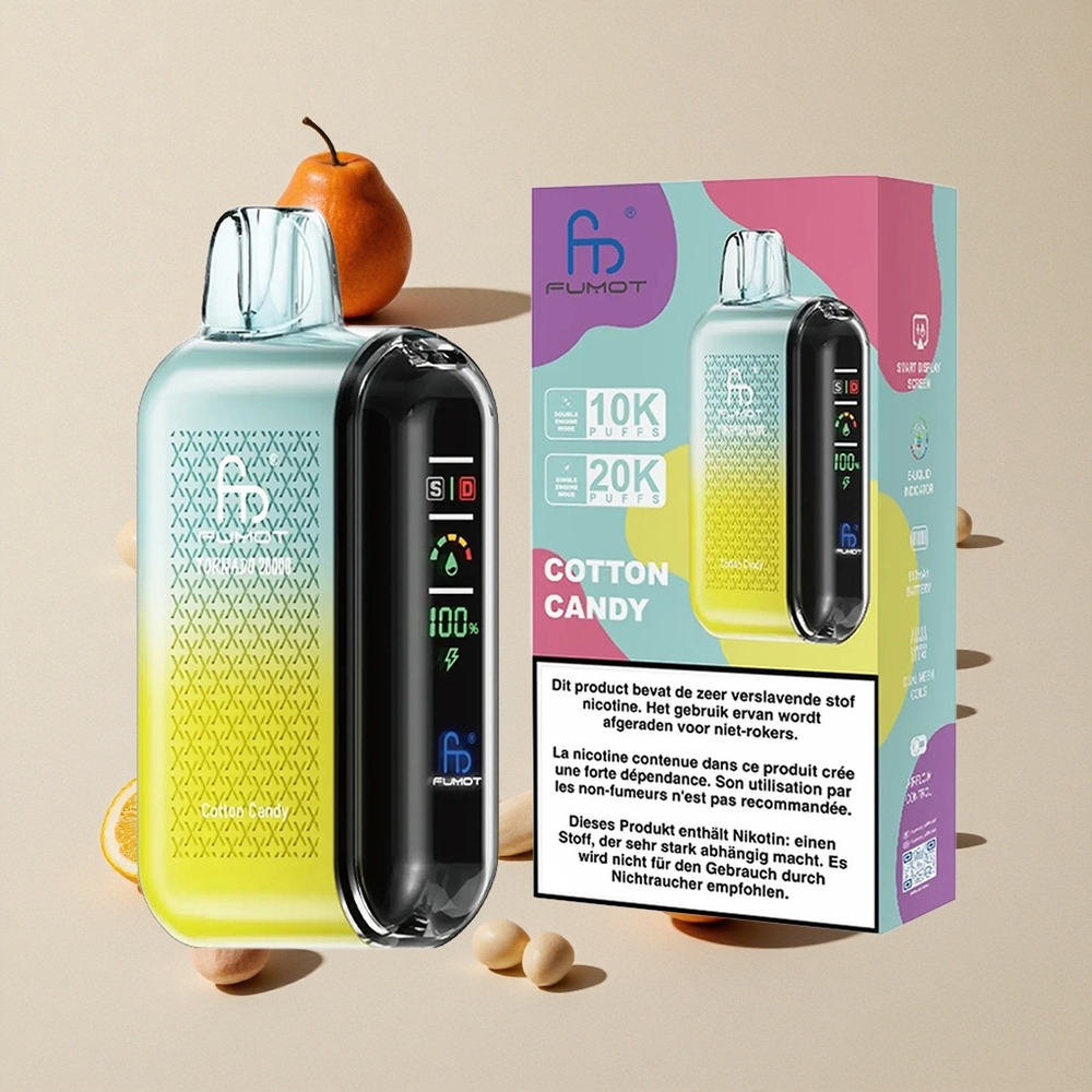 Fumot Tornado 20000 Puffs Cotton Candy vape wholesale Indonesia Kapasitas E-liquid 20ml Dual Mesh Coil