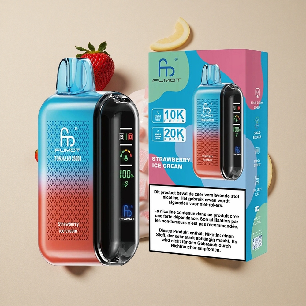 Fumot Tornado 20000 Puffs Strawberry Ice Cream vape wholesale Indonesia Kapasitas E-liquid 20ml Dual Mesh Coil