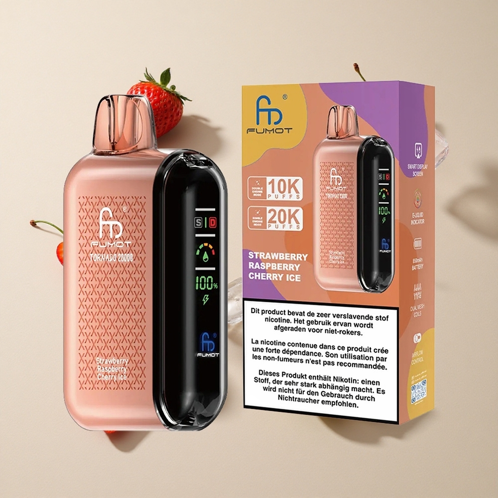 Fumot Tornado 20000 Puffs Strawberry Raspberry Cherry Ice vape wholesale Indonesia Kapasitas E-liquid 20ml Dual Mesh Coil