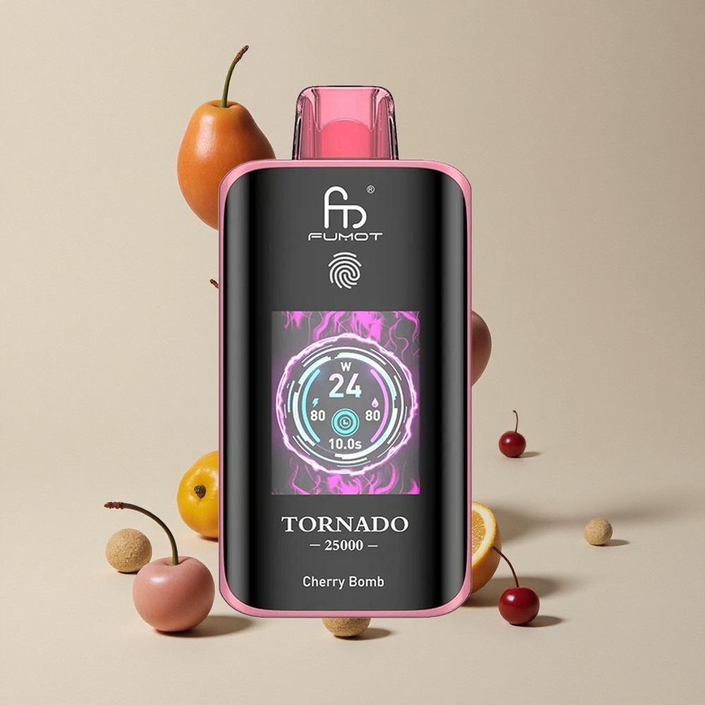 Fumot Tornado 25000 Puffs Cherry Bomb vape wholesale Indonesia Baterai 700mAh Isi Ulang 20ml E-liquid