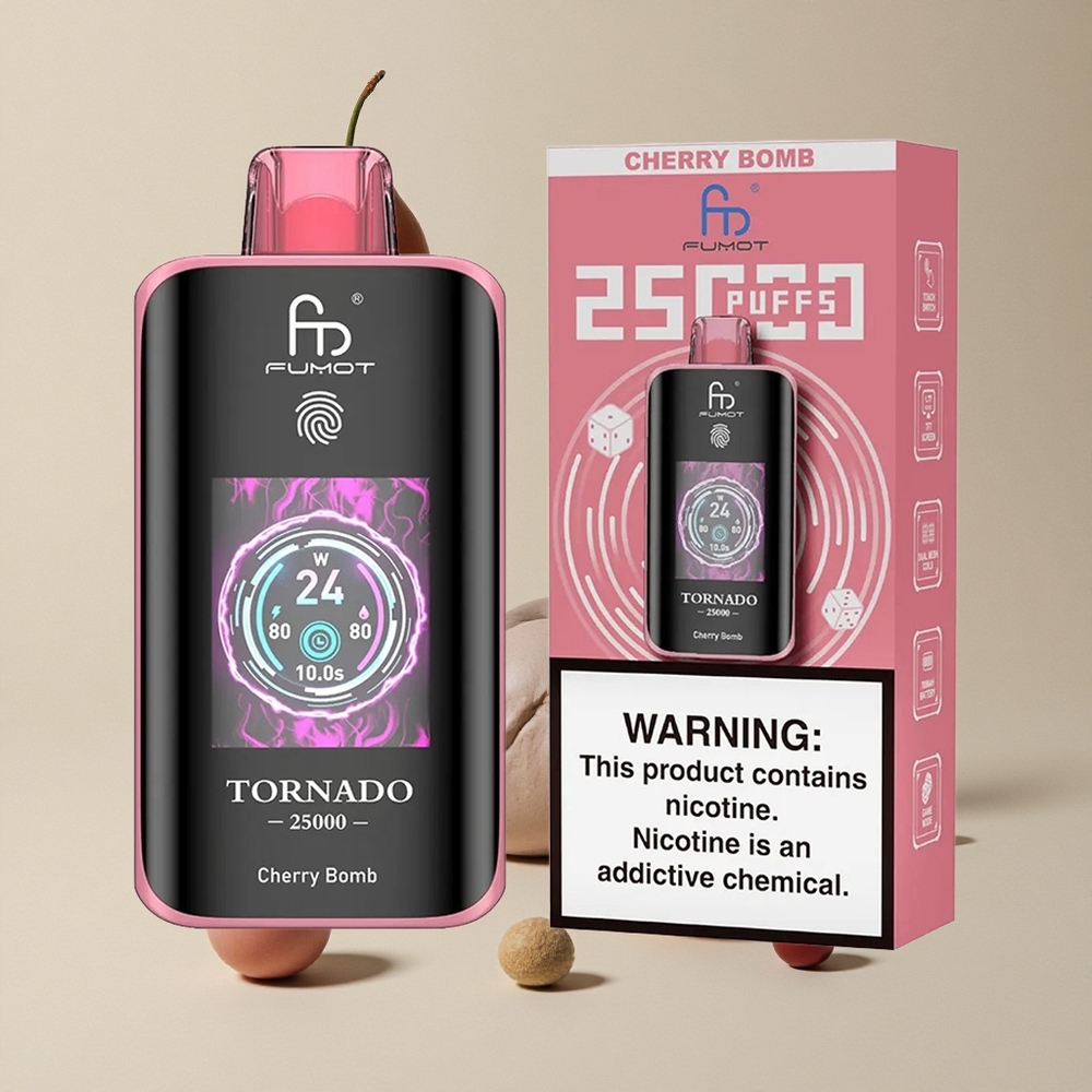 Fumot Tornado 25000 Puffs Cherry Bomb vape wholesale Indonesia Baterai 700mAh Isi Ulang 20ml E-liquid
