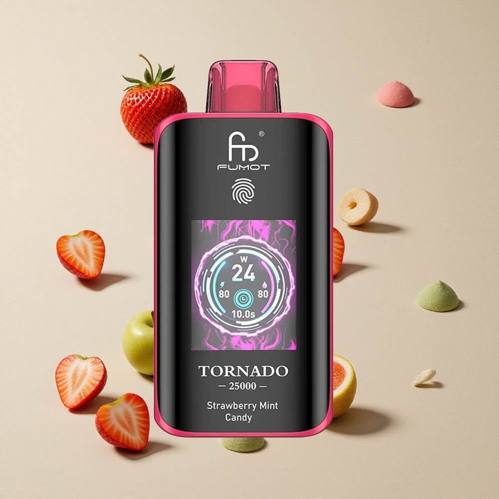 Fumot Tornado 25000 Puffs Permen Strawberry Mint vape wholesale Indonesia Baterai 700mAh Isi Ulang 20ml E-liquid