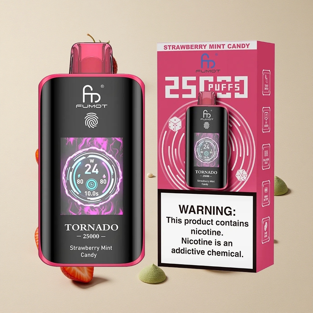 Fumot Tornado 25000 Puffs Permen Strawberry Mint vape wholesale Indonesia Baterai 700mAh Isi Ulang 20ml E-liquid